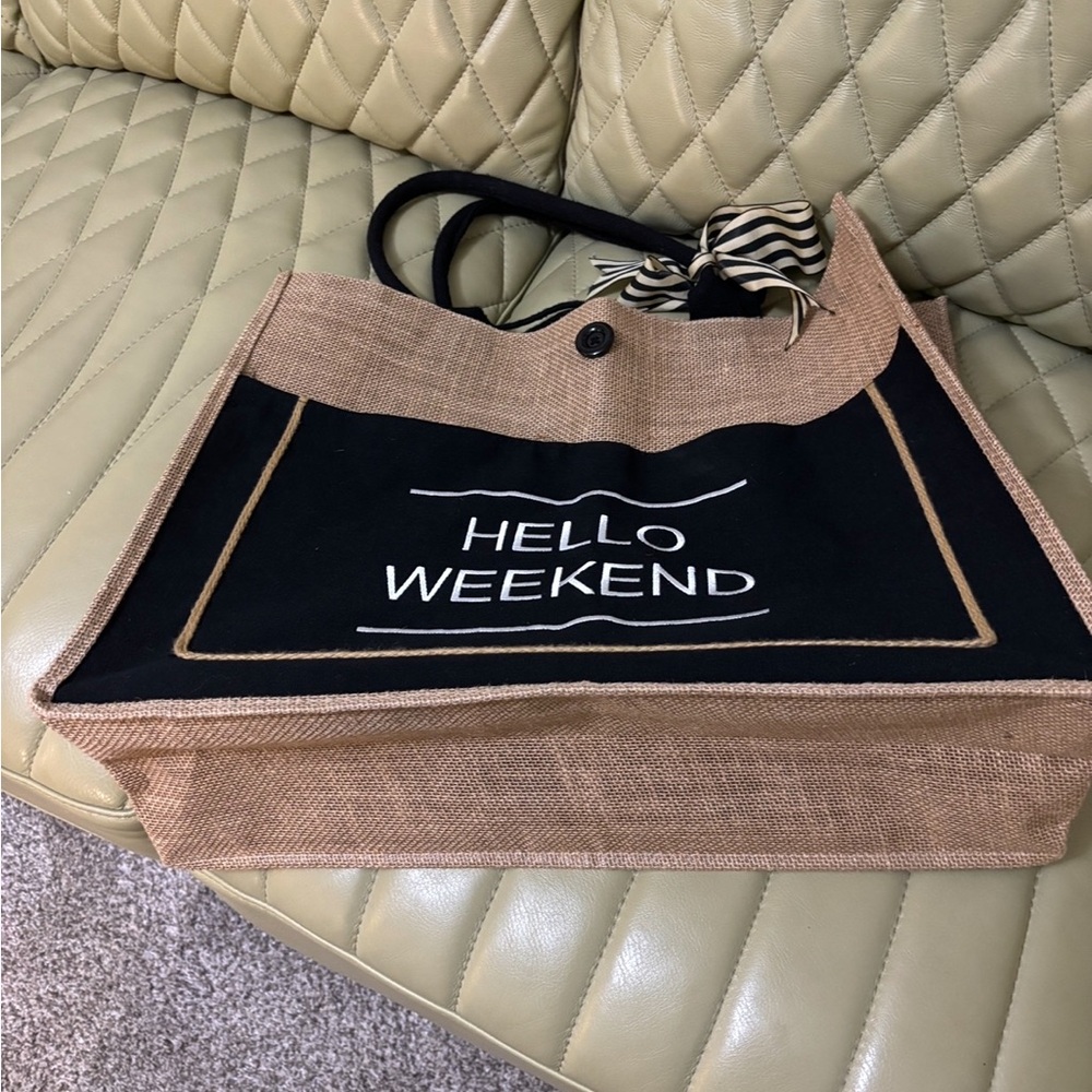 Hello Weekend Burlap Tote Bag with Black Pocket - Picture 6 of 9